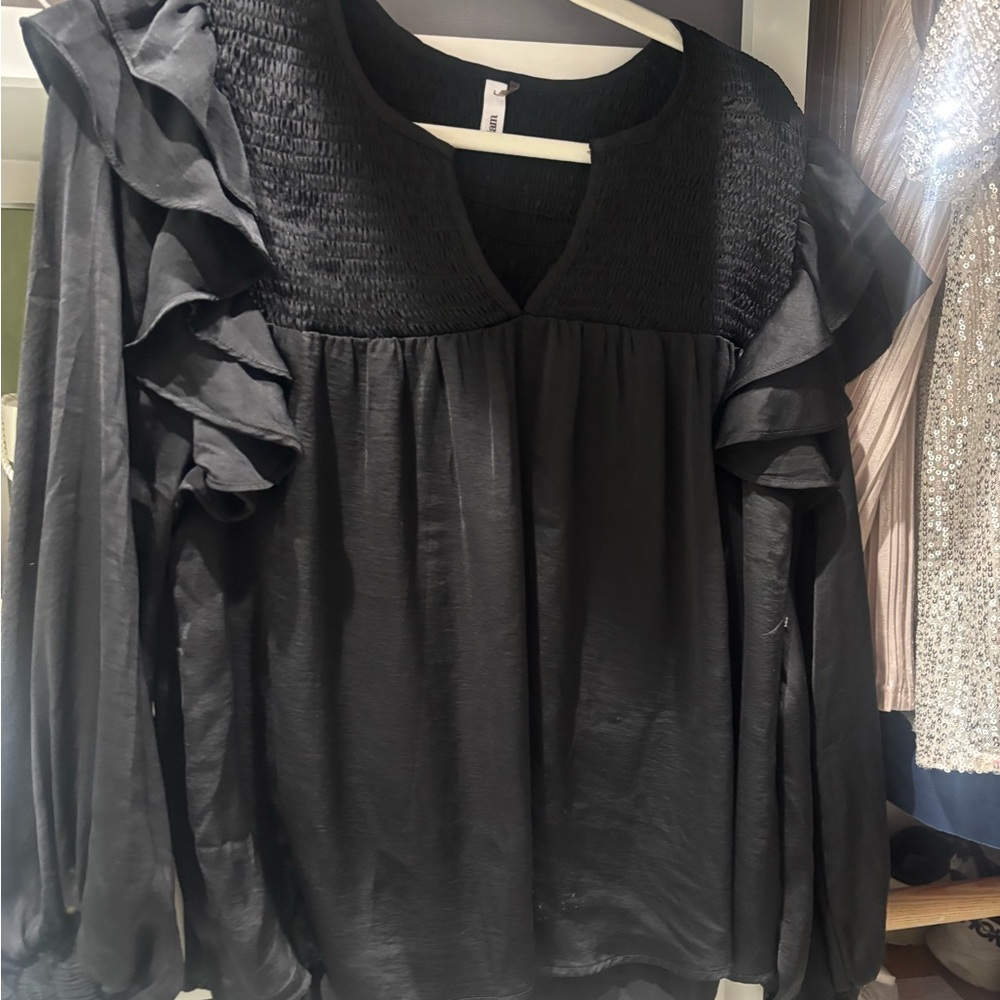 Glam Black Ruffled Smocked Long Sleeve Blouse